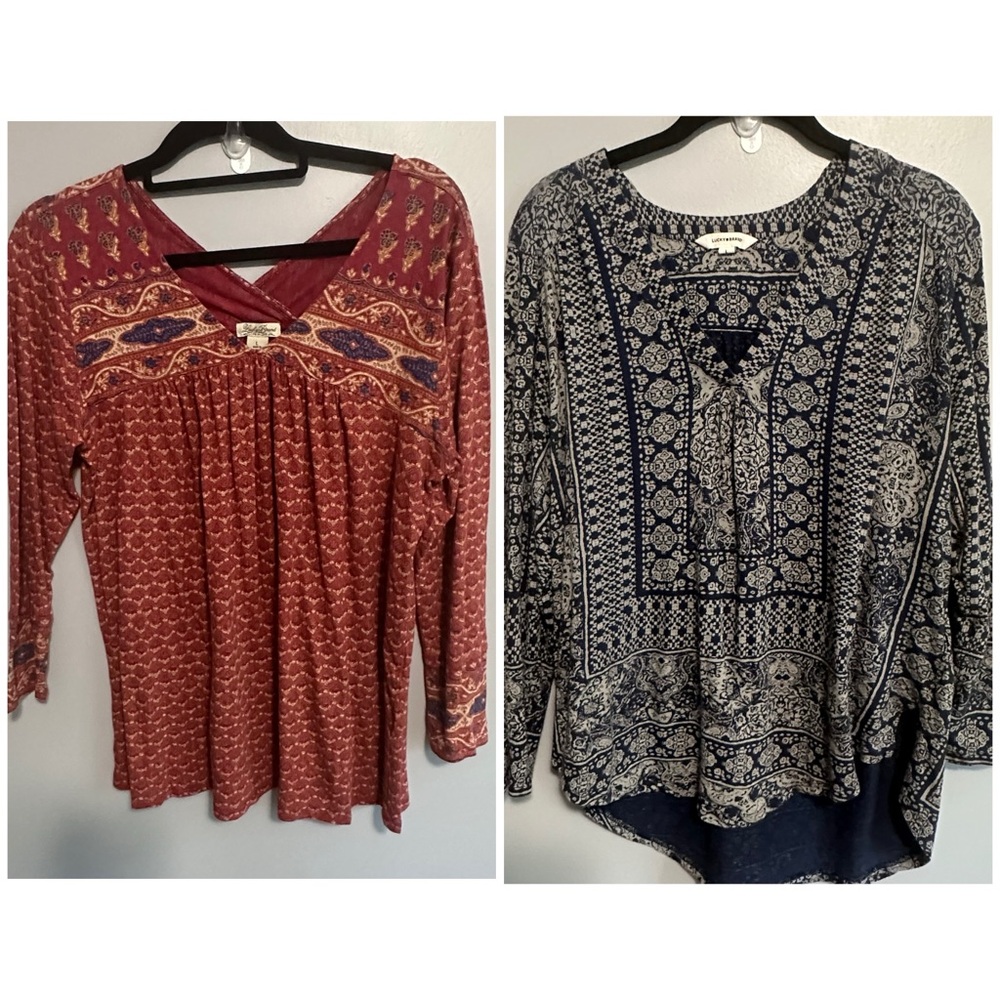 Lot of 2 Lucky Brand Boho Print Tops Women’s Large Blue Red Long Sleeve